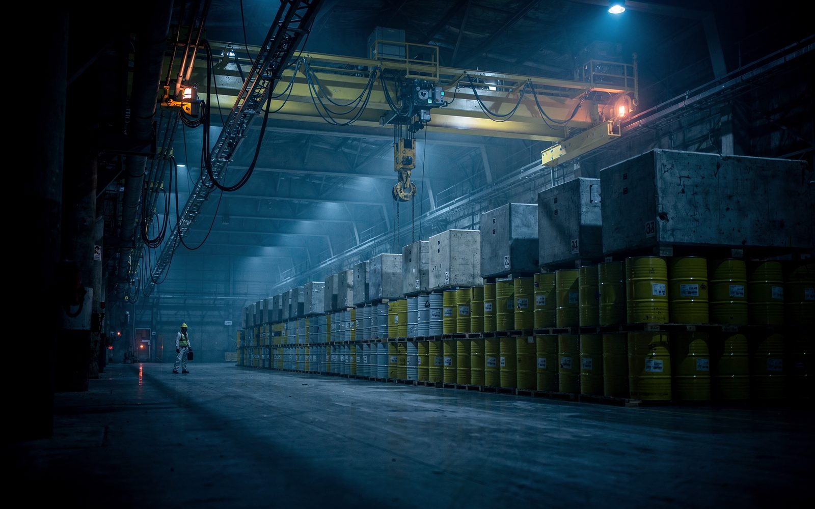 Hall d'entreposage de déchets radioactifs, rangées de fûts et de conteneurs sous un pont roulant