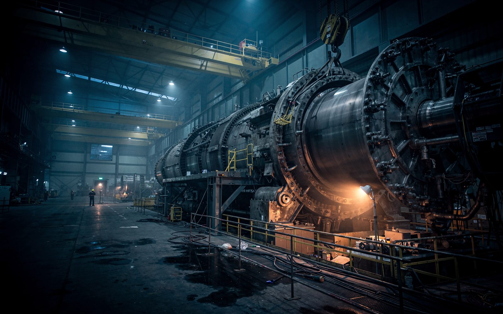 Salle des machines pendant un arrêt, carter de turbine ouvert sous le crochet du pont roulant