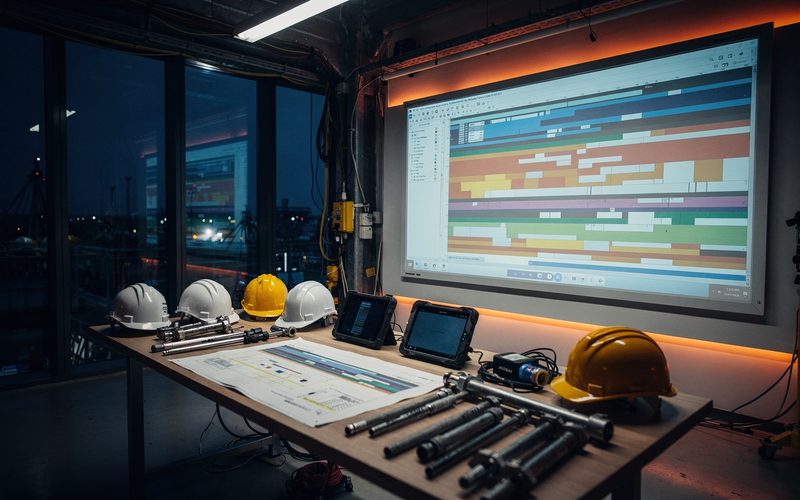 Salle de pilotage de projet sur un site nucléaire, planning mural et casques sur une table haute