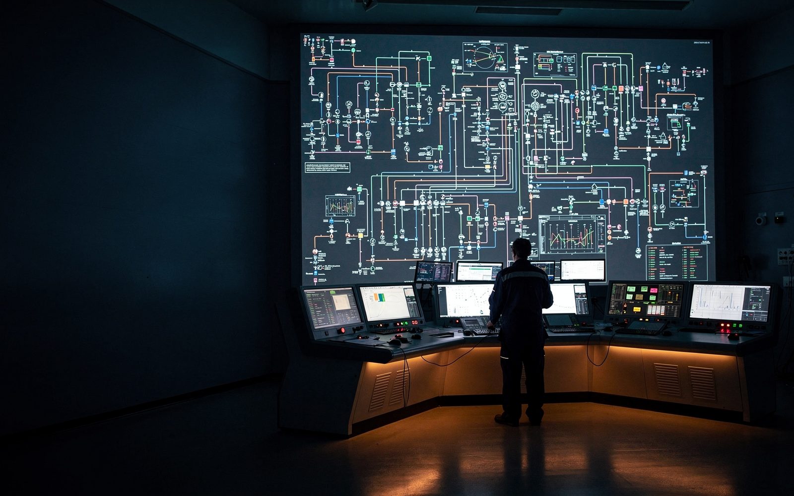 Couloir du bâtiment de commande d'une centrale nucléaire, panneaux de sûreté et portes coupe-feu