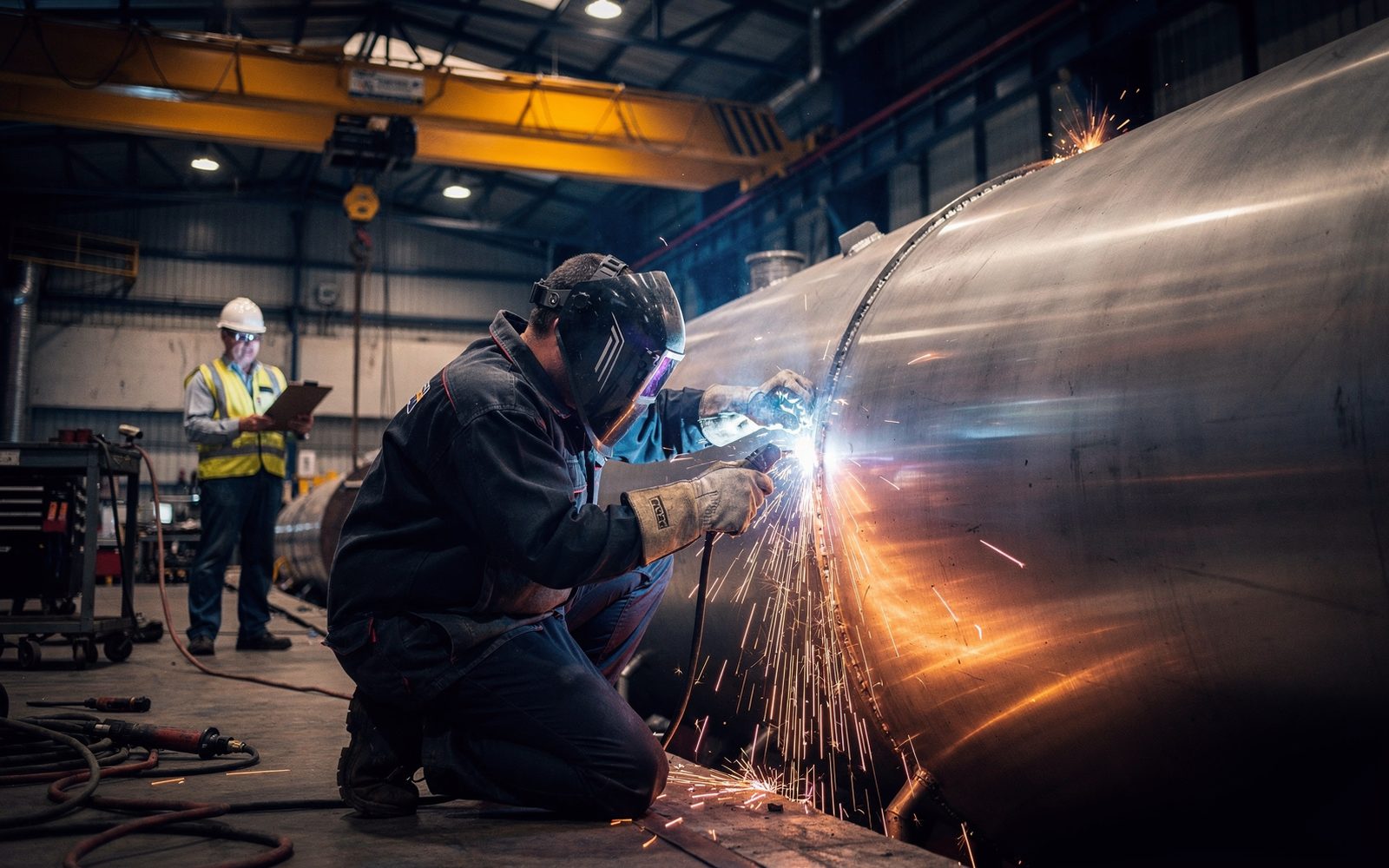 Soudeur en atelier de fabrication nucléaire travaillant sur une capacité en acier inoxydable devant un inspecteur