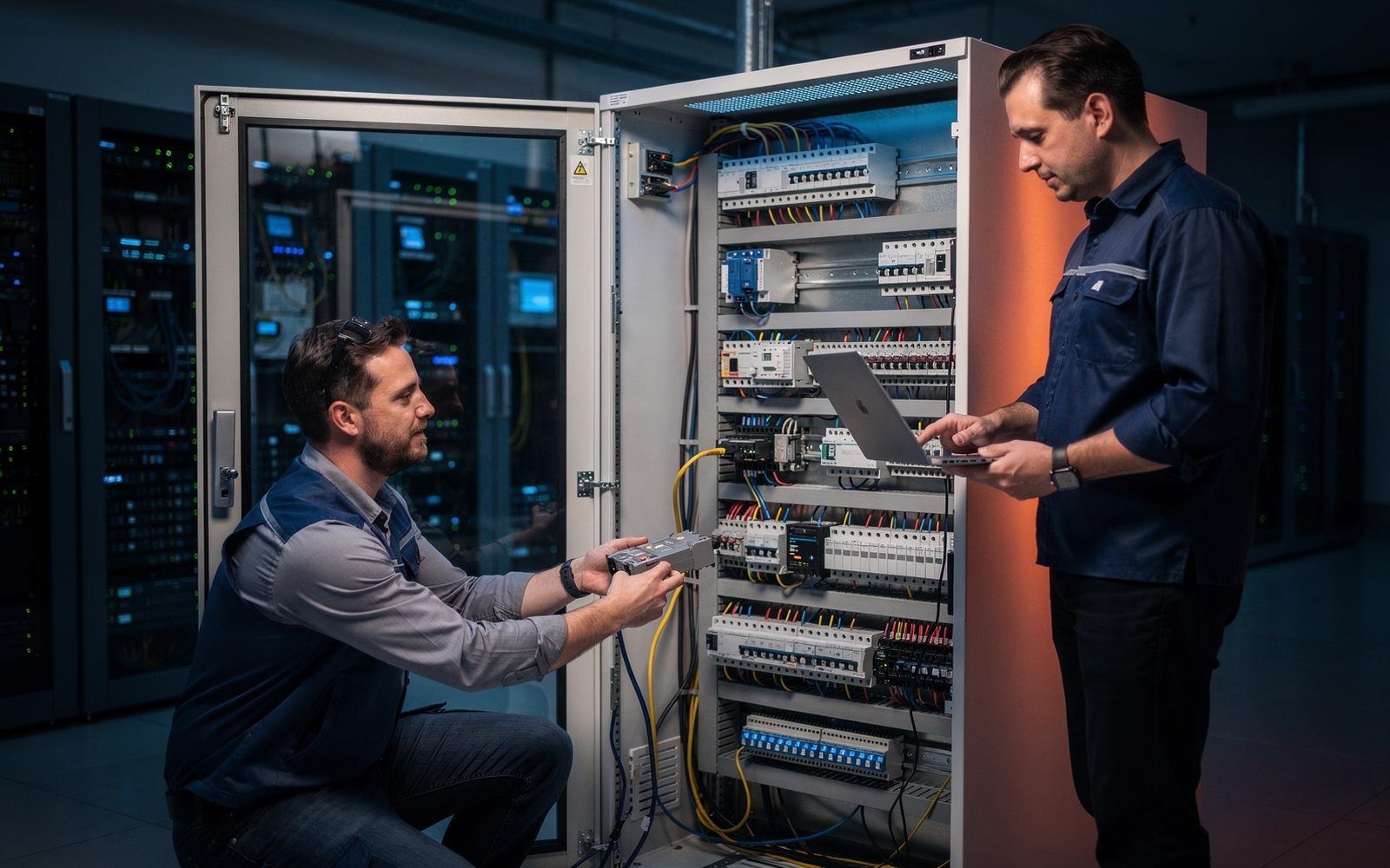 Armoire de contrôle-commande ouverte, ingénieur cybersécurité connectant un ordinateur portable sous supervision