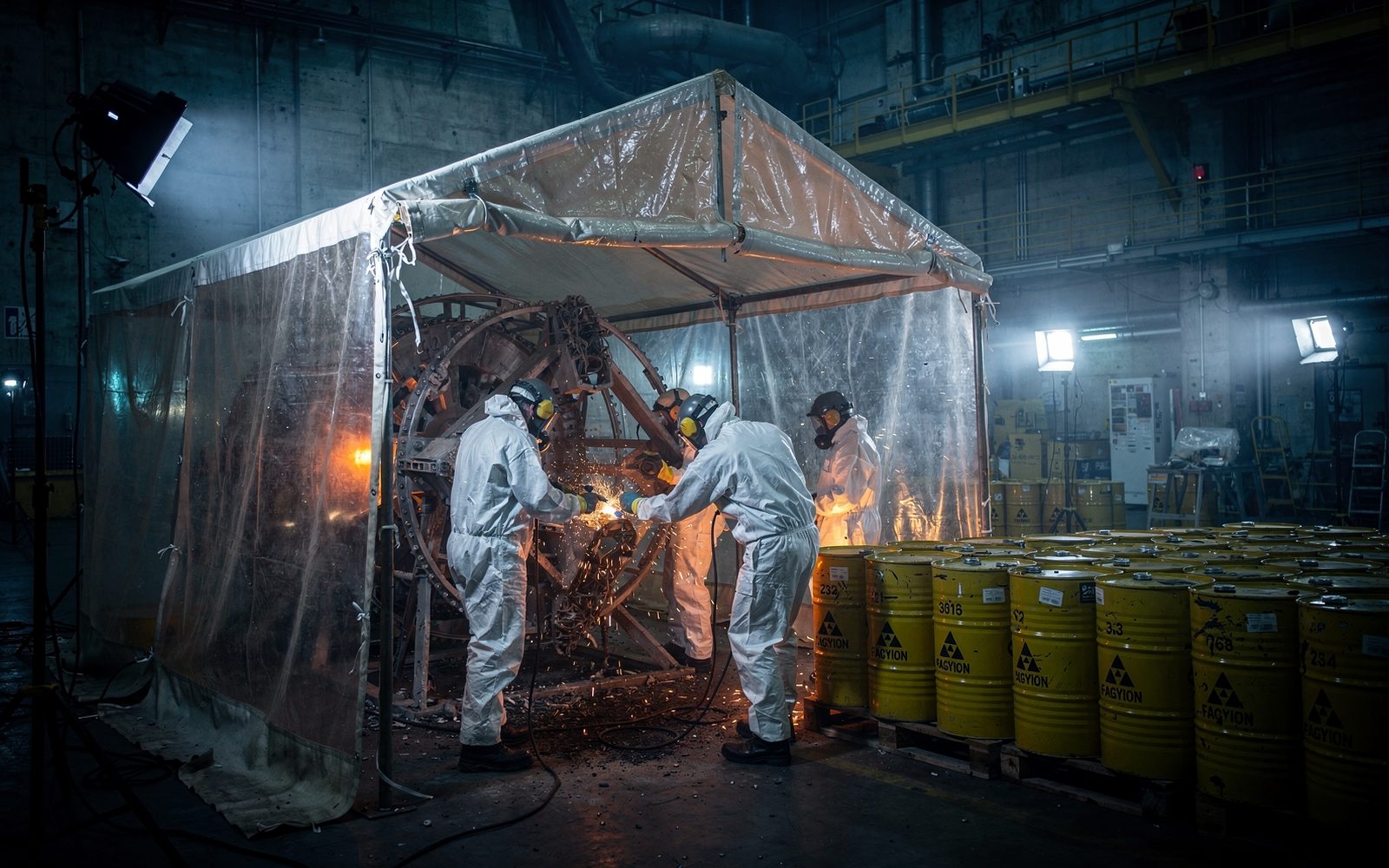 Chantier de démantèlement sous confinement avec intervenants en tenue de protection et fûts de déchets radioactifs