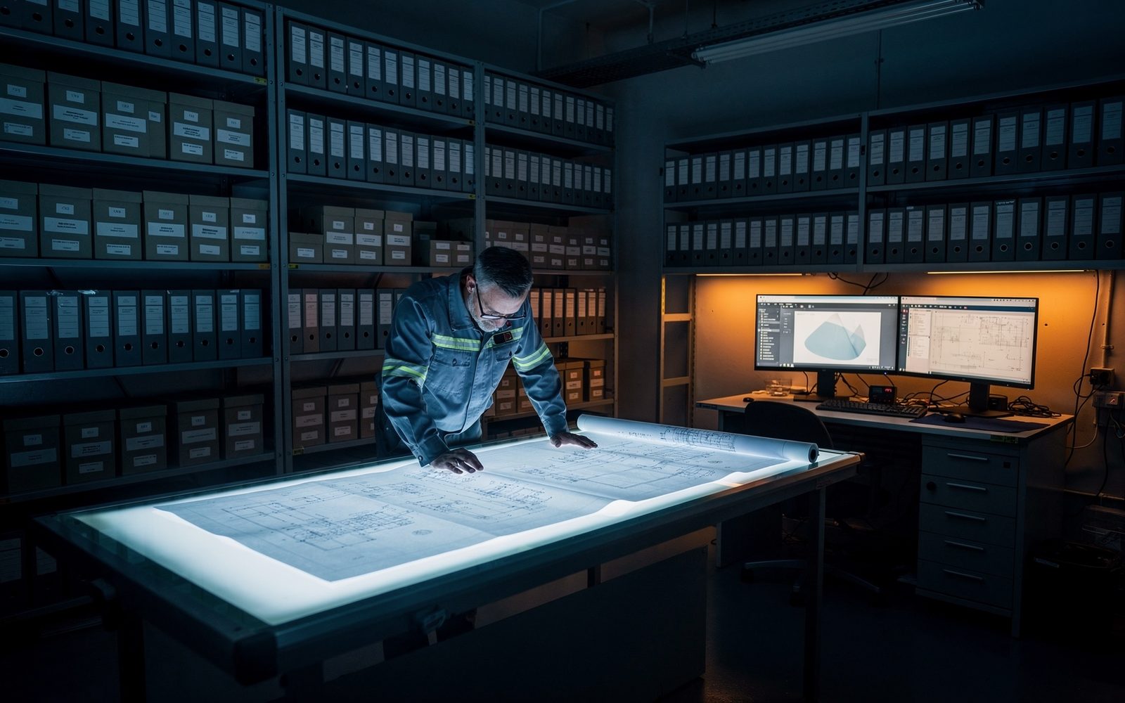 Salle de documentation technique d'un site nucléaire avec plans grand format sur table lumineuse et boîtes d'archives