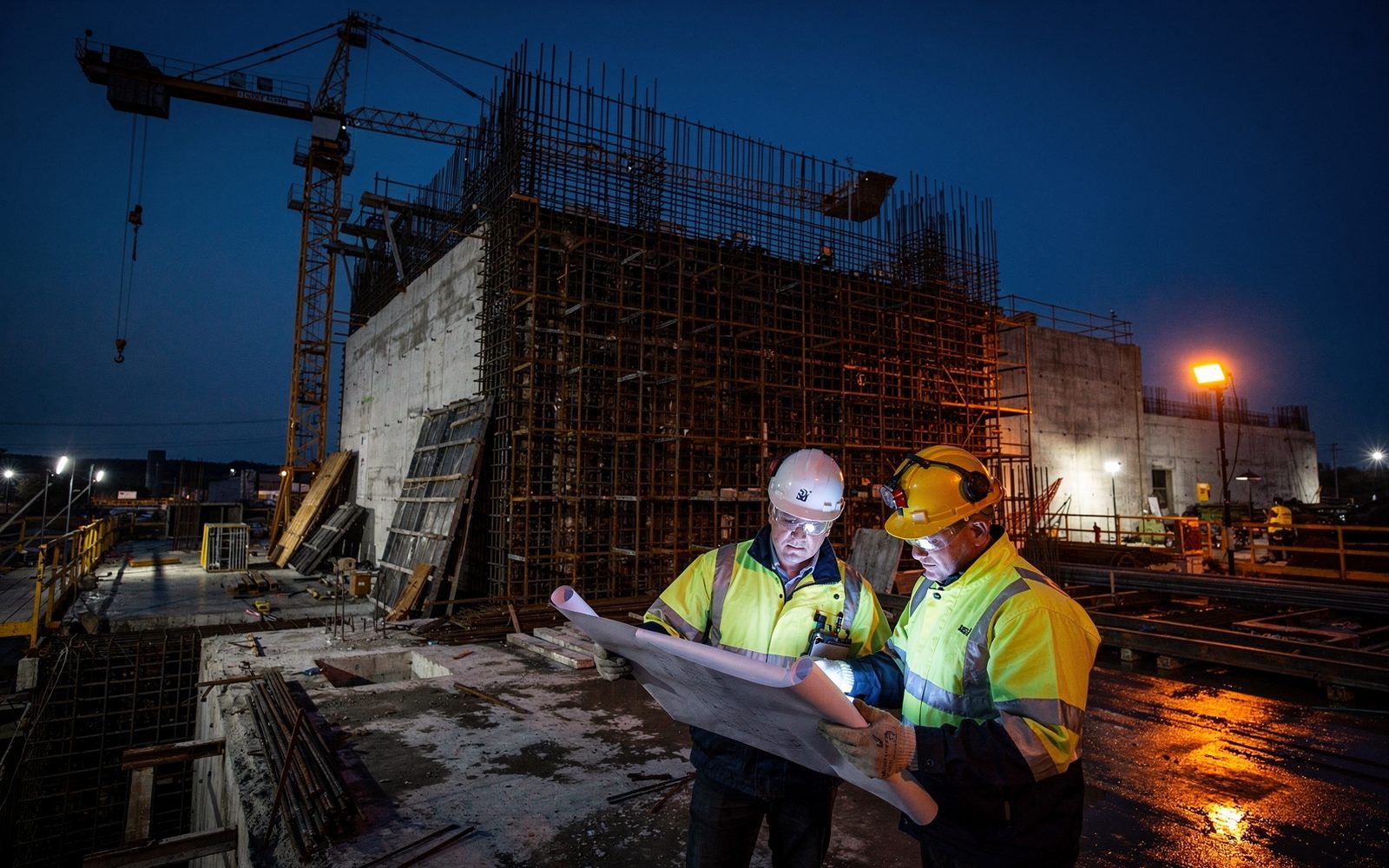 Mur d'enceinte en béton armé en construction sur un site nucléaire, cages d'armatures et ingénieurs vérifiant un plan