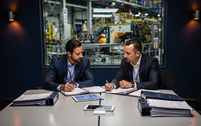Responsable qualité et auditeur relisant des procédures en salle de réunion d'un sous-traitant industriel