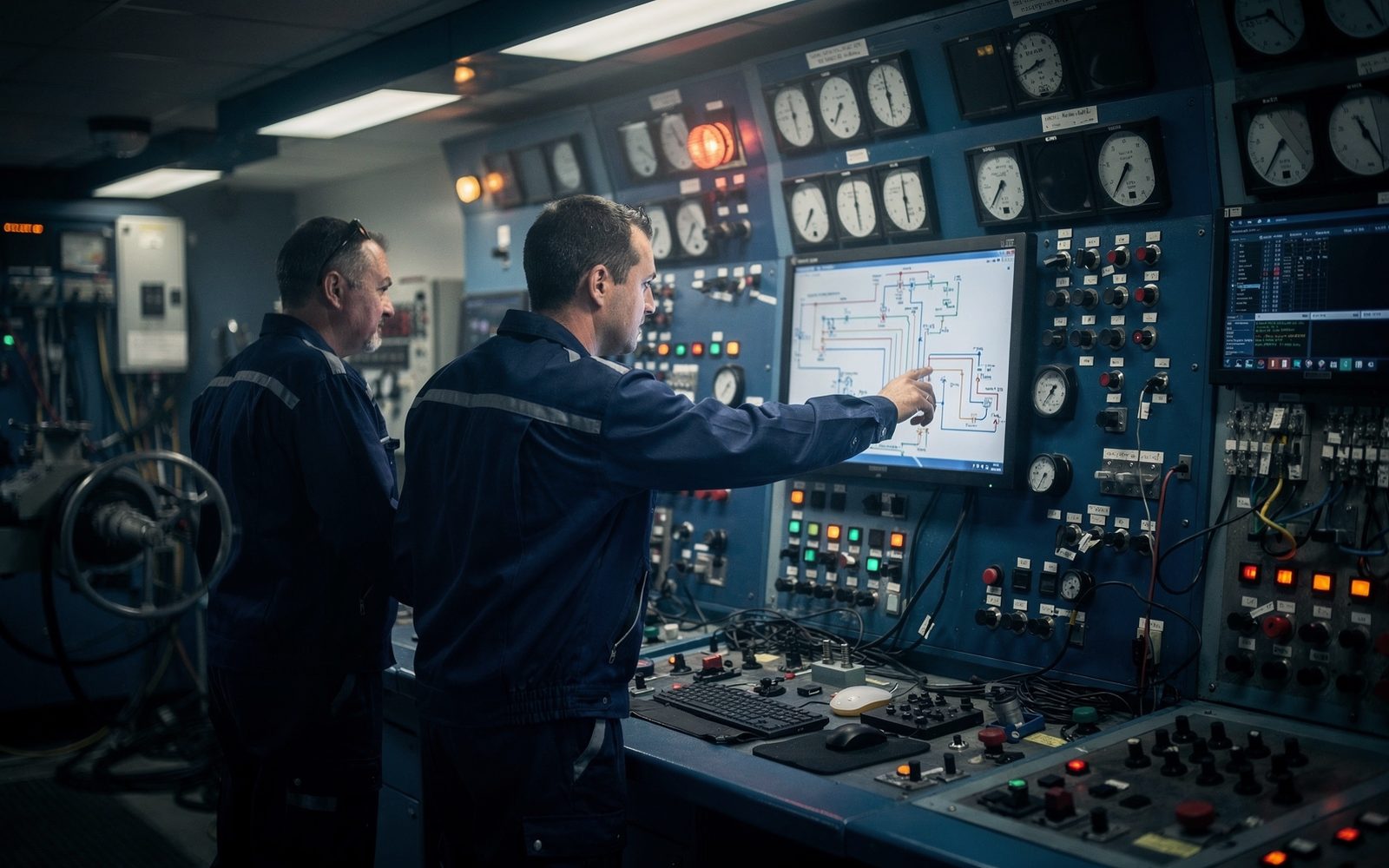 Deux opérateurs en salle de commande devant les synoptiques et les écrans de conduite d'une centrale nucléaire