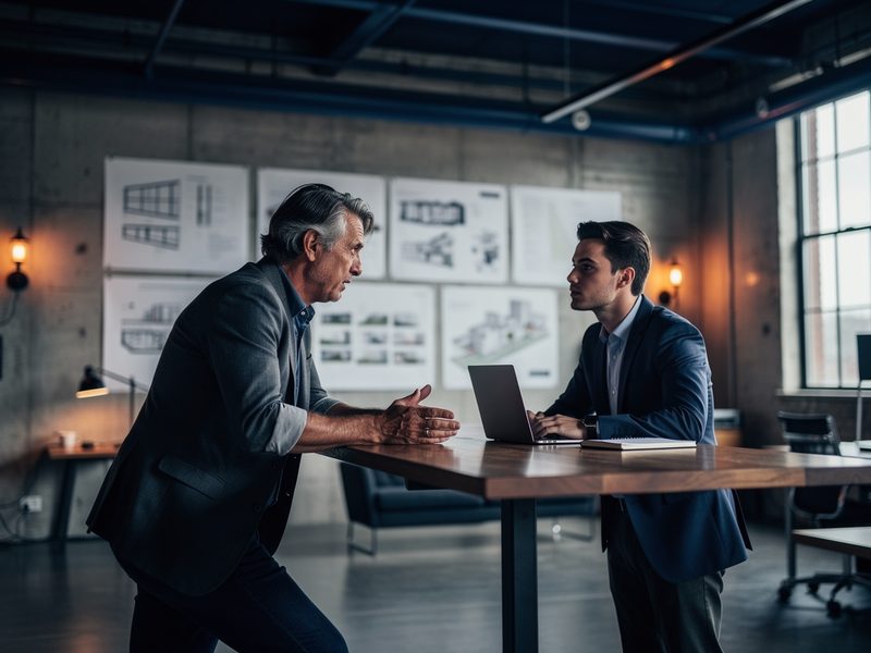 Consultant et jeune responsable en discussion à une table haute dans un bureau industriel