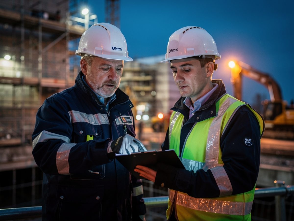 Mentor et chef de chantier en casques relisant une liste de contrôle au bord d'un chantier