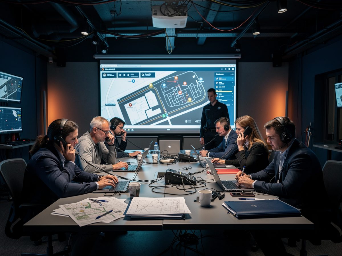 Exercice de crise en salle de commandement, personnes aux tables avec téléphones et carte du site à l'écran