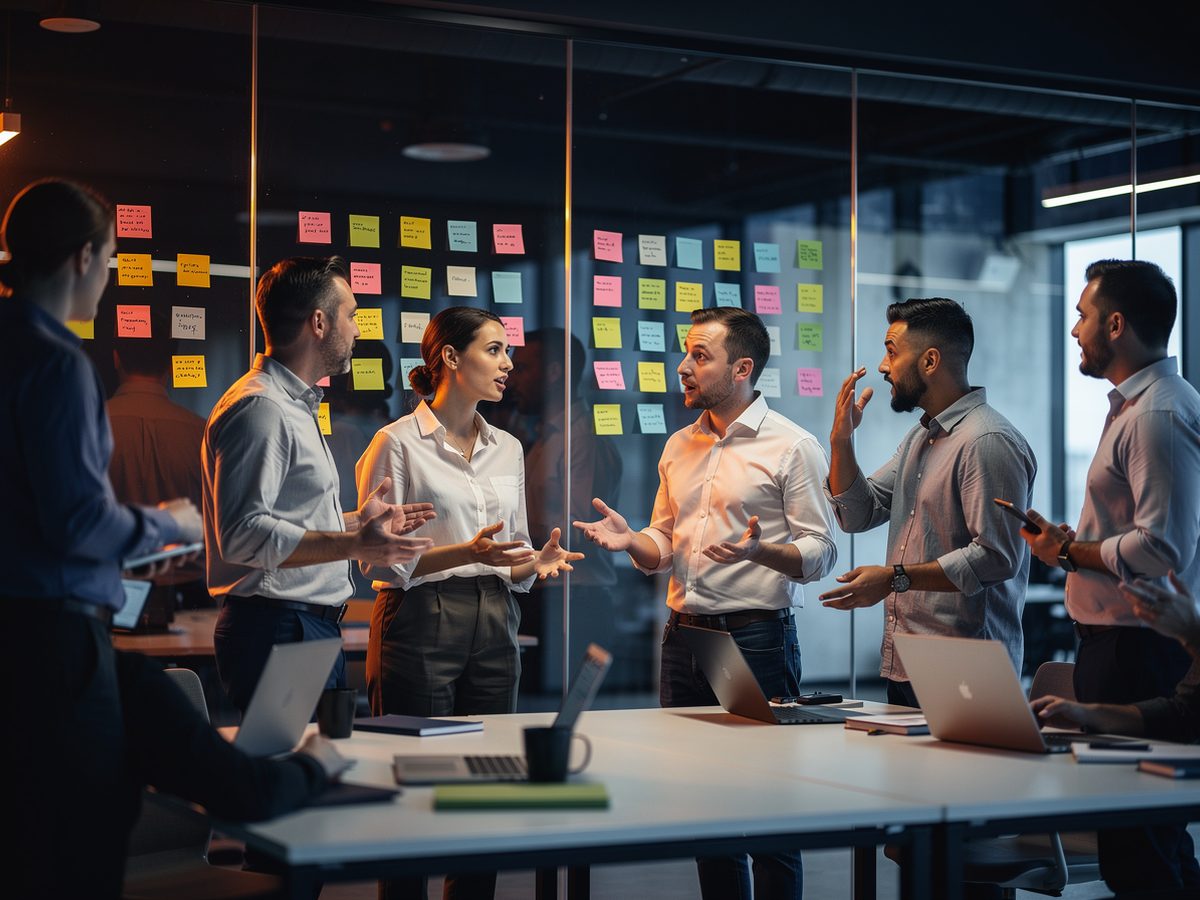 Atelier de retour d'expérience avec notes adhésives sur un mur vitré