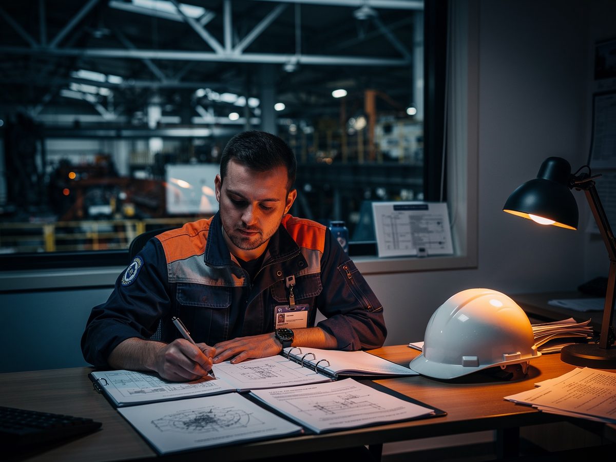 Ingénieur détaché à son bureau dans un site industriel, badge au cou et casque posé à côté