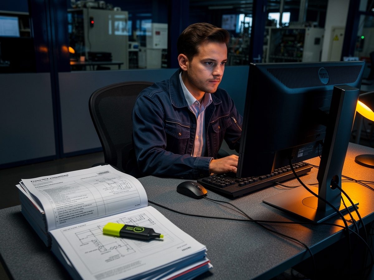 Rédacteur technique tapant une procédure avec un document de référence imprimé et un surligneur