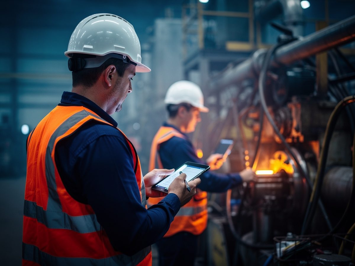 Auditeur en casque et gilet prenant des notes sur tablette en observant un technicien au travail