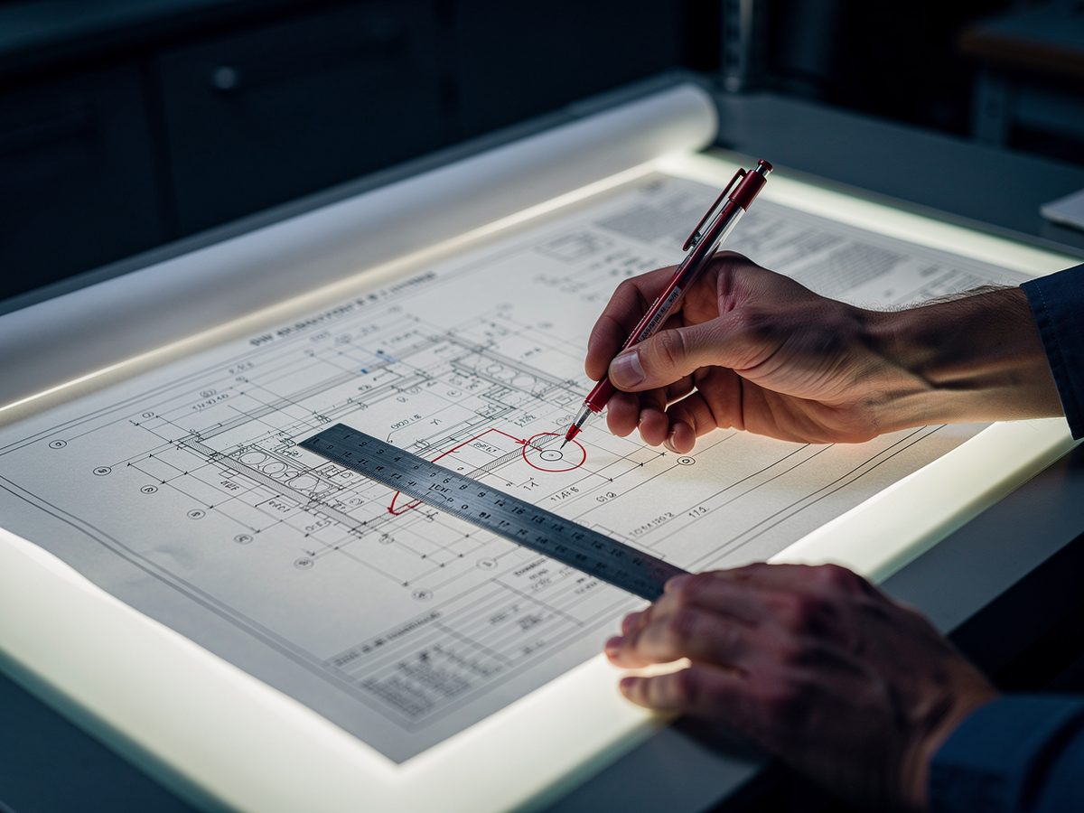 Mains annotant un grand plan d'ingénierie au stylo rouge sur une table lumineuse