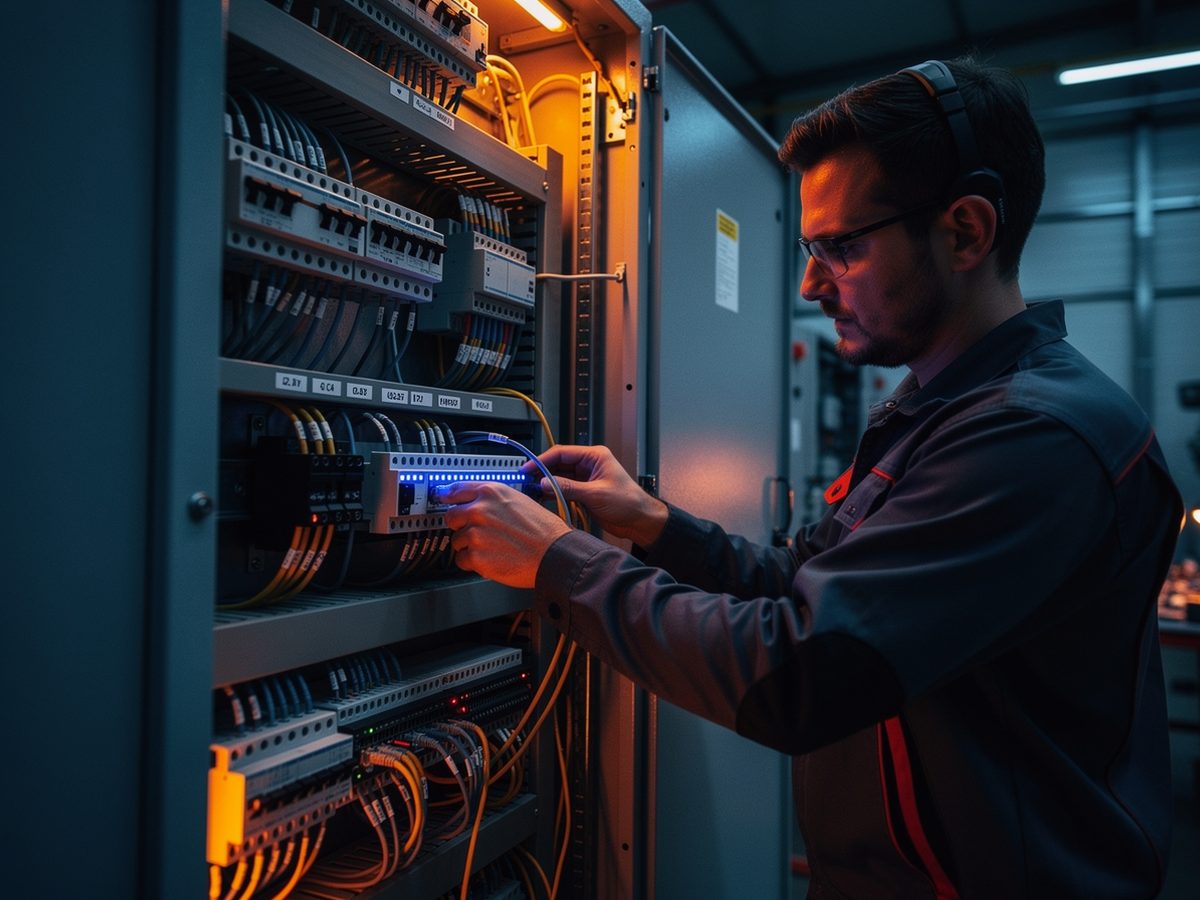 Ingénieur installant un commutateur réseau dans une armoire de contrôle-commande industrielle