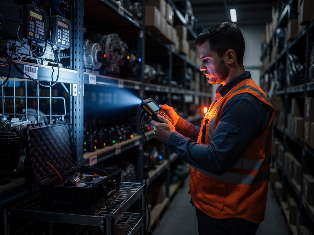 Technicien scannant des étiquettes d'équipements avec un terminal portable dans un magasin