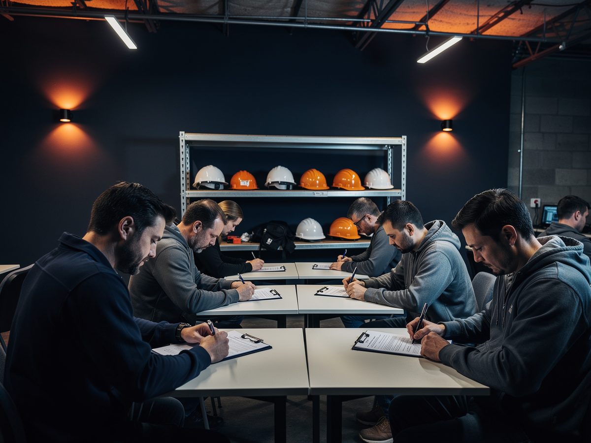 Session d'évaluation écrite en salle de formation, casques rangés sur l'étagère