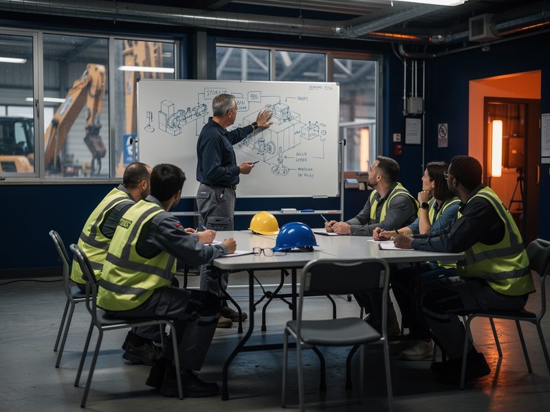 Salle de formation sur un site industriel, formateur au tableau devant un schéma technique et six stagiaires