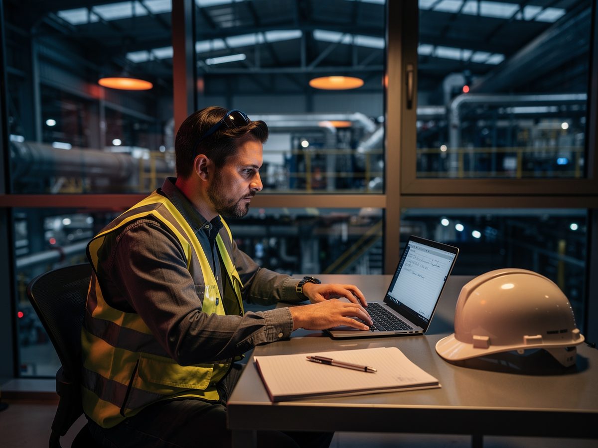 Ingénieur suivant une formation à distance sur un ordinateur portable dans un bureau de site
